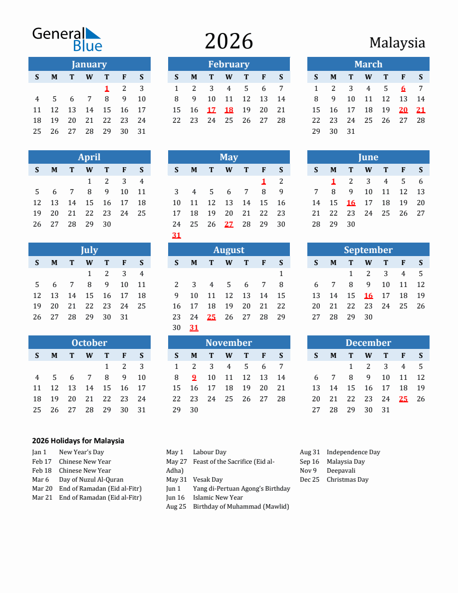 2026 Printable Calendar with Malaysia Holidays