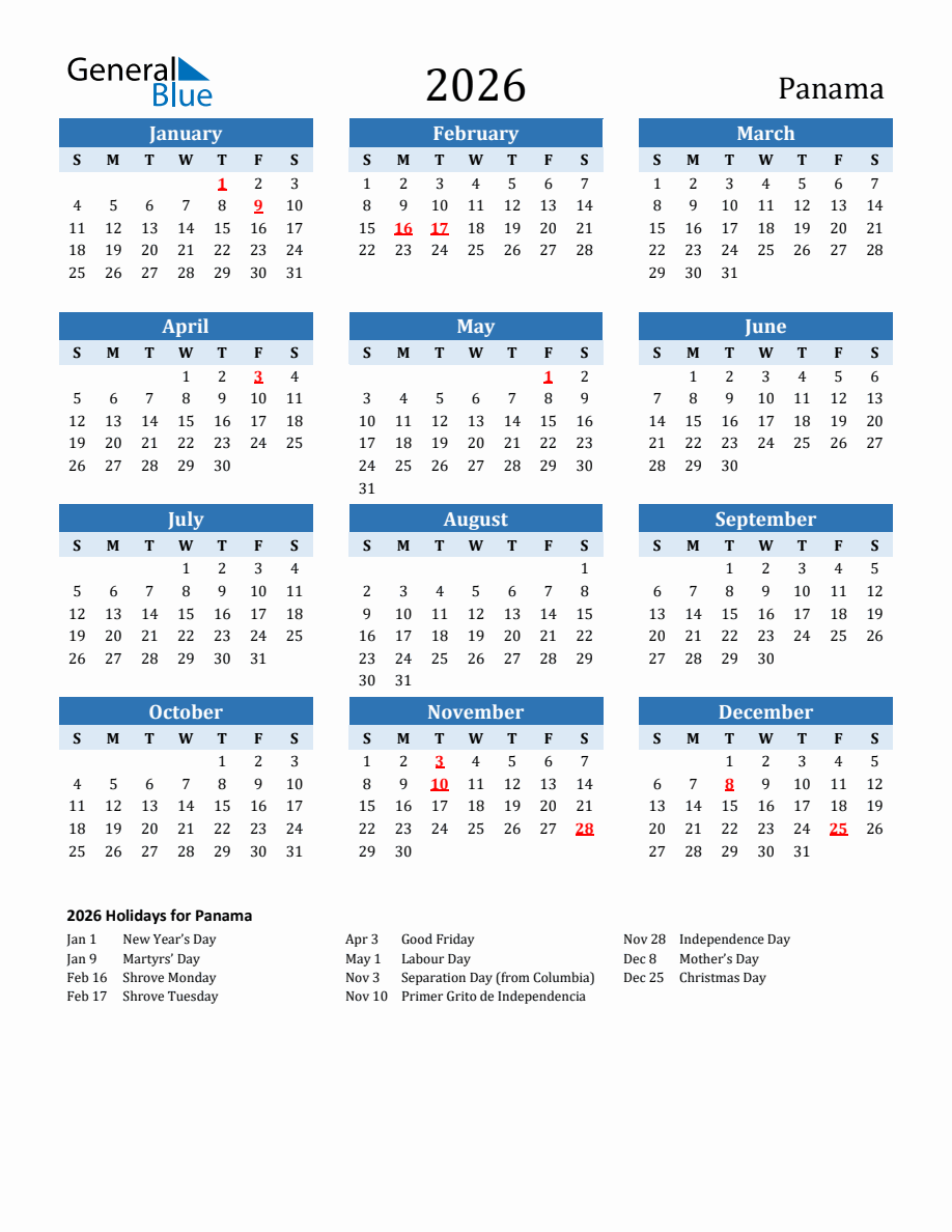2026 Printable Calendar with Panama Holidays