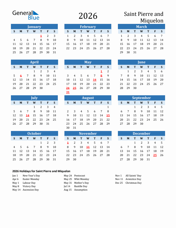 Printable Calendar 2026 with Saint Pierre and Miquelon Holidays (Sunday Start)