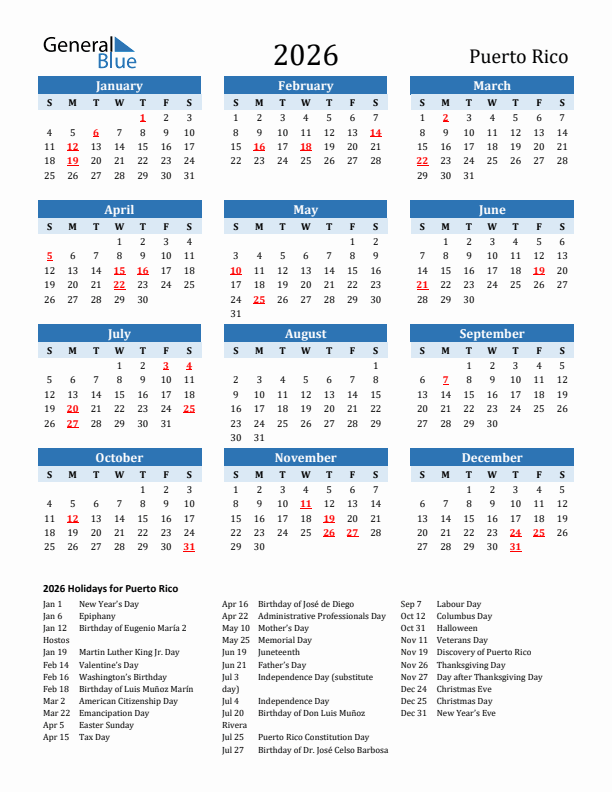 Printable Calendar 2026 with Puerto Rico Holidays (Sunday Start)