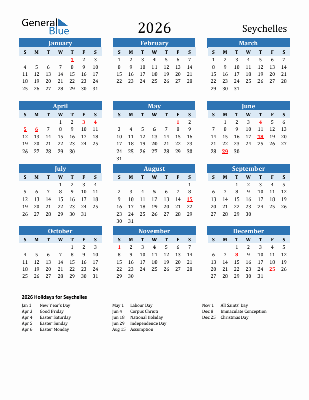 Printable Calendar 2026 with Seychelles Holidays (Sunday Start)