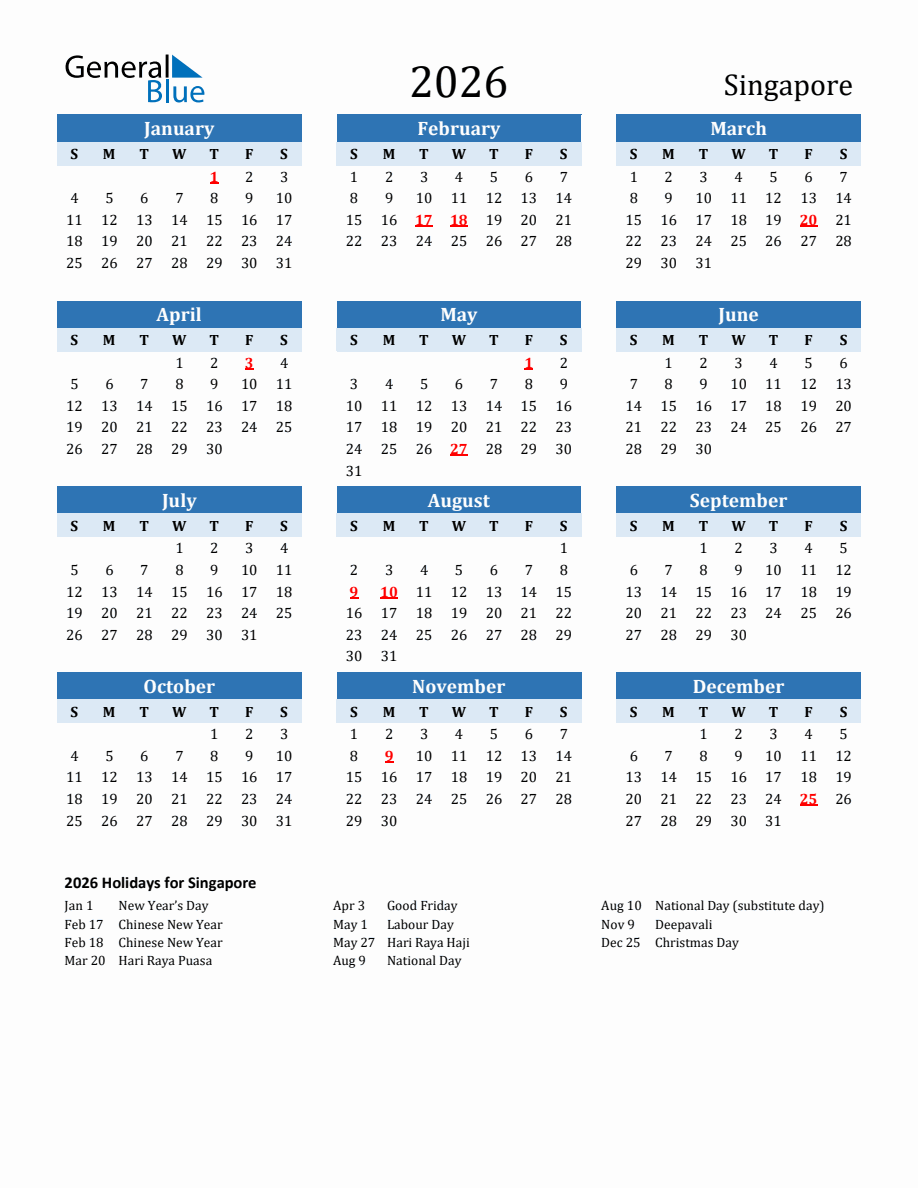 2026 Printable Calendar with Singapore Holidays
