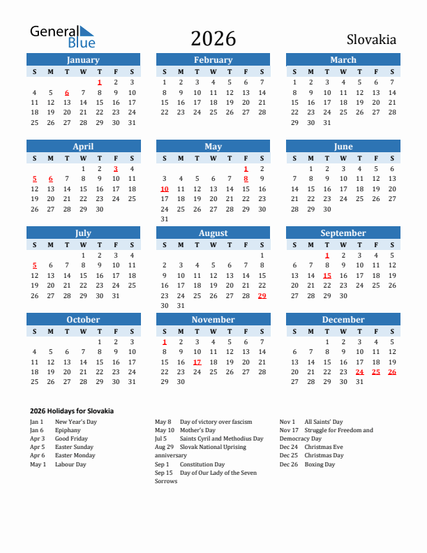 Printable Calendar 2026 with Slovakia Holidays (Sunday Start)