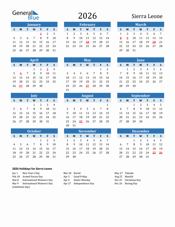 Printable Calendar 2026 with Sierra Leone Holidays (Sunday Start)