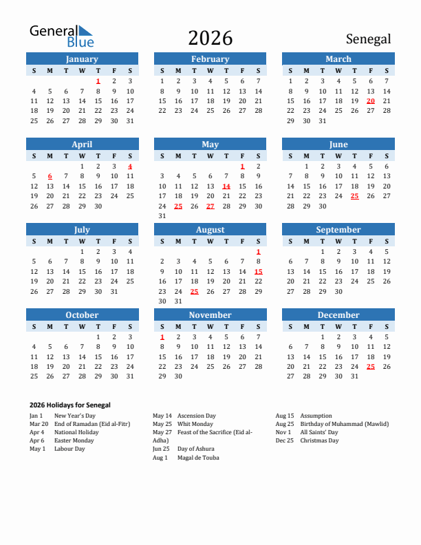 Printable Calendar 2026 with Senegal Holidays (Sunday Start)