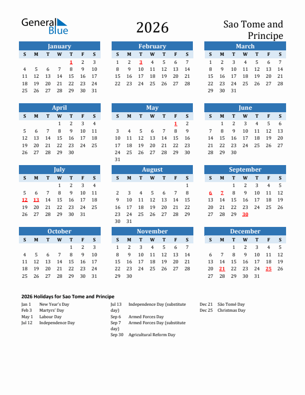Printable Calendar 2026 with Sao Tome and Principe Holidays (Sunday Start)
