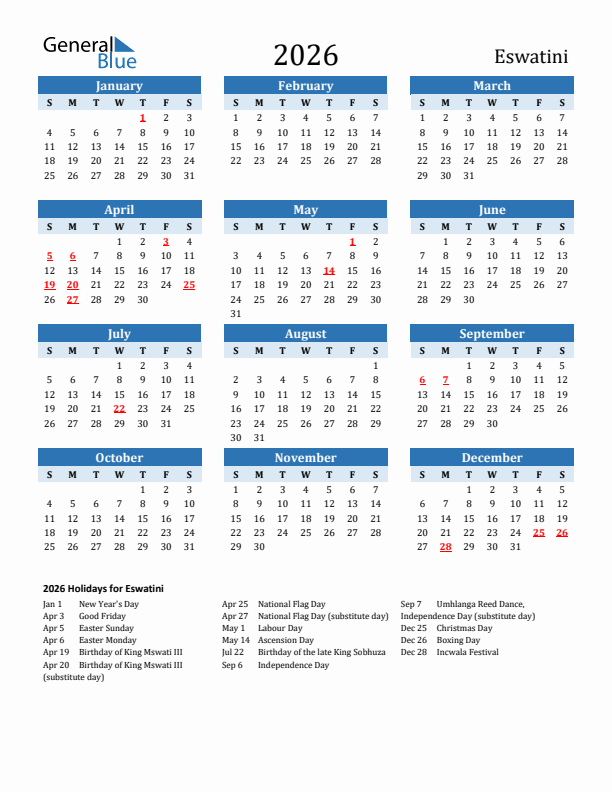 Printable Calendar 2026 with Eswatini Holidays (Sunday Start)