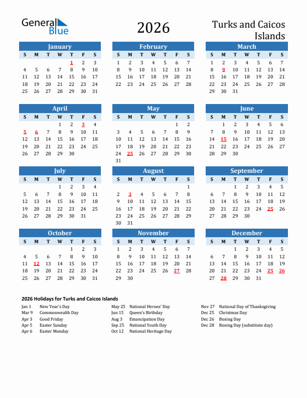 Printable Calendar 2026 with Turks and Caicos Islands Holidays (Sunday Start)