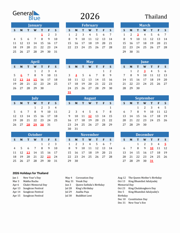 Printable Calendar 2026 with Thailand Holidays (Sunday Start)