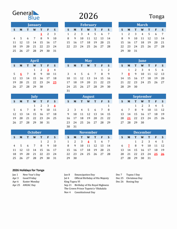 Printable Calendar 2026 with Tonga Holidays (Sunday Start)