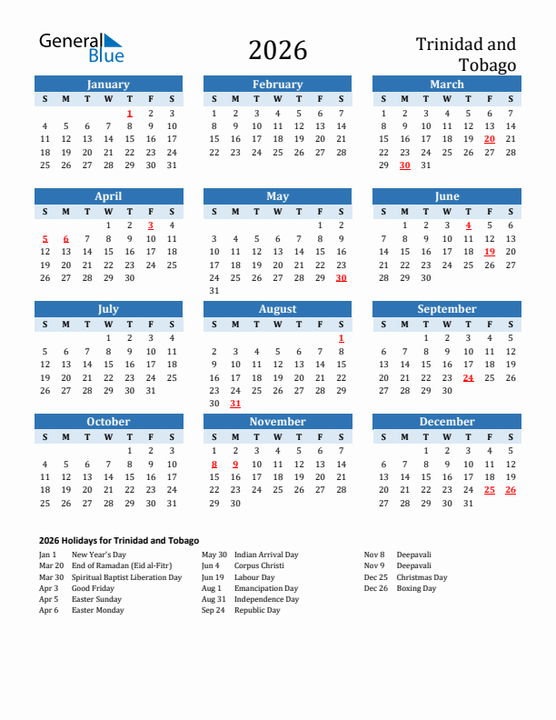 Printable Calendar 2026 with Trinidad and Tobago Holidays (Sunday Start)
