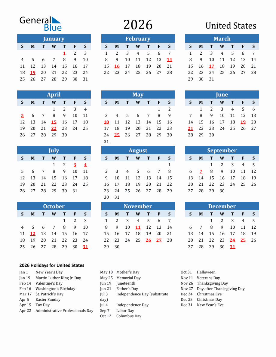 2026 Printable Calendar with United States Holidays 2026 Printable Calendar with United States Holidays