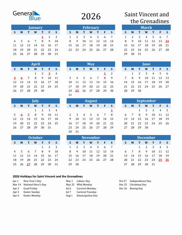 Printable Calendar 2026 with Saint Vincent and the Grenadines Holidays (Sunday Start)