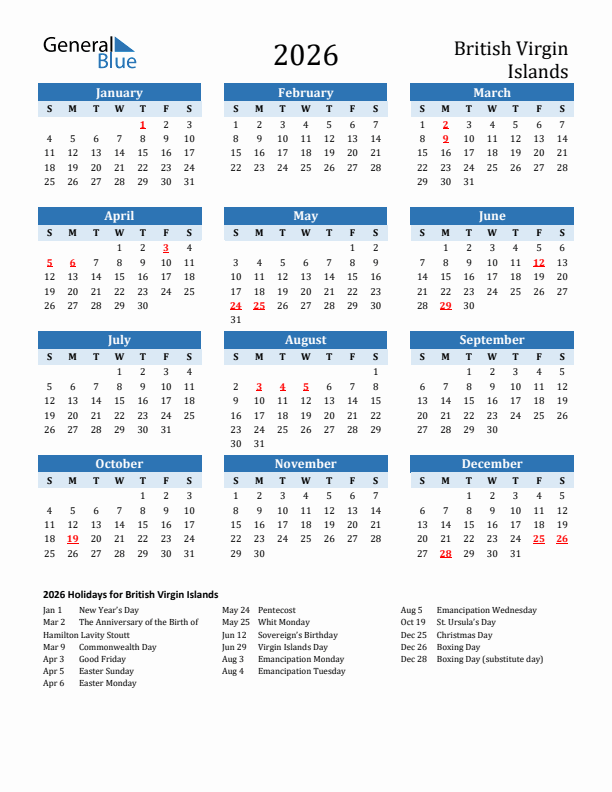Printable Calendar 2026 with British Virgin Islands Holidays (Sunday Start)