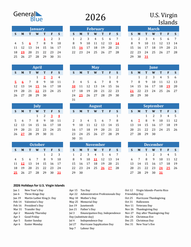 Printable Calendar 2026 with U.S. Virgin Islands Holidays (Sunday Start)