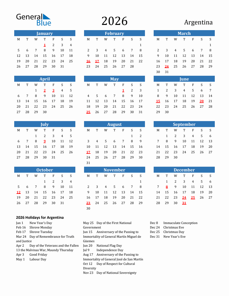 Argentina 2026 Calendar with Holidays - Monday Start