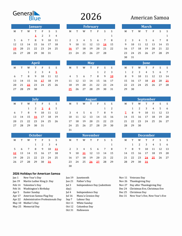 American Samoa 2026 Calendar with Holidays