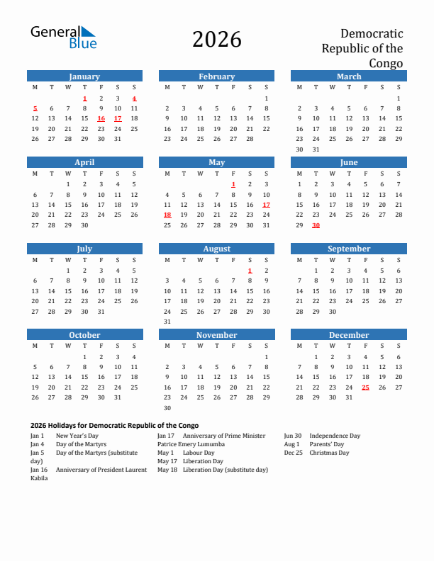 Democratic Republic of the Congo 2026 Calendar with Holidays