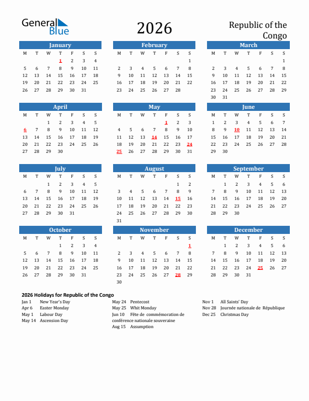 Republic of the Congo 2026 Calendar with Holidays