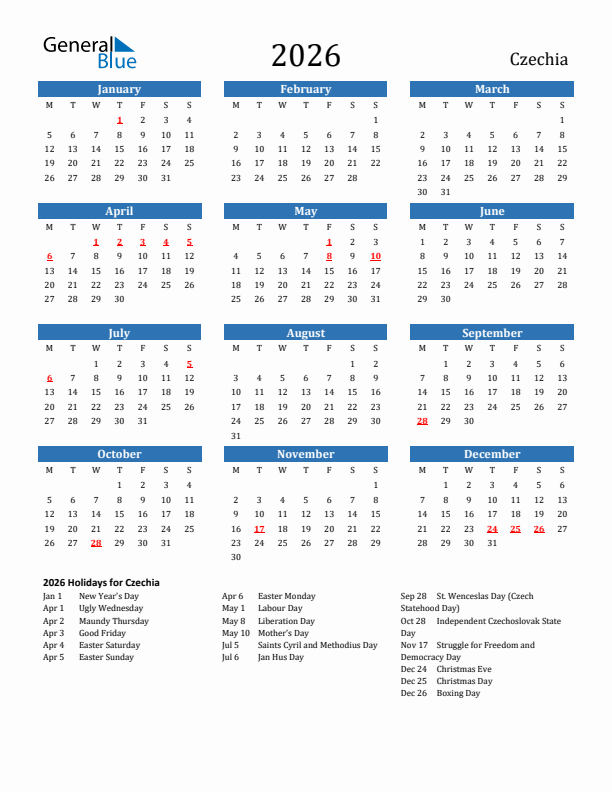 Czechia 2026 Calendar with Holidays