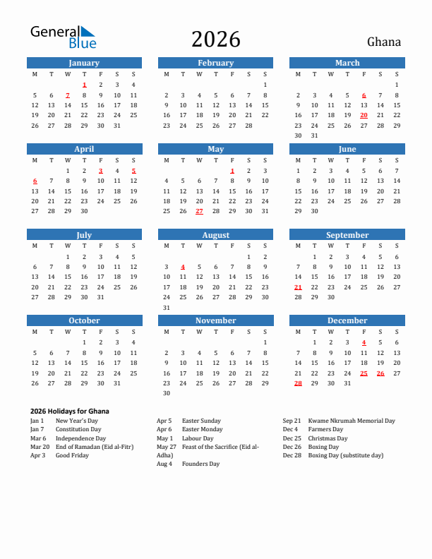 Ghana 2026 Calendar with Holidays