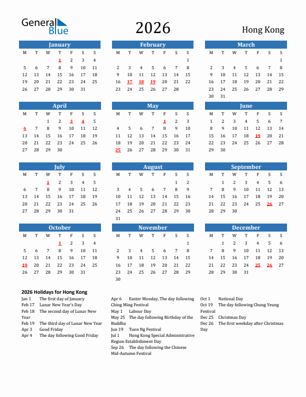 Hong Kong 2026 Calendar with Holidays