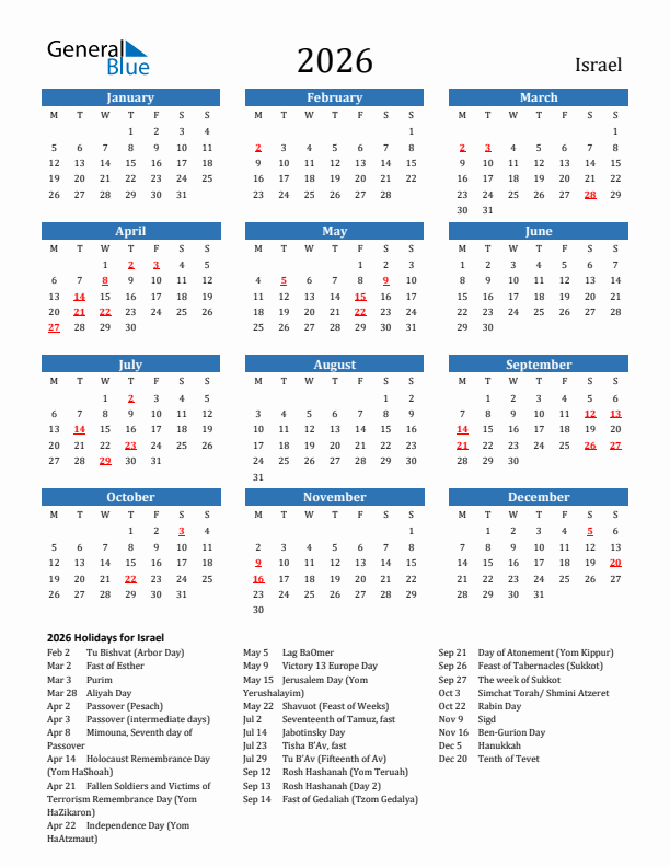 Israel 2026 Calendar with Holidays