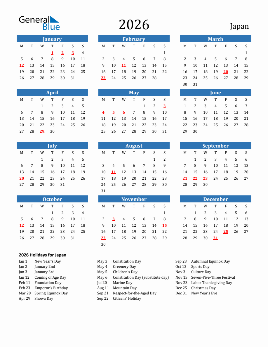 Japan 2026 Calendar with Holidays - Monday Start