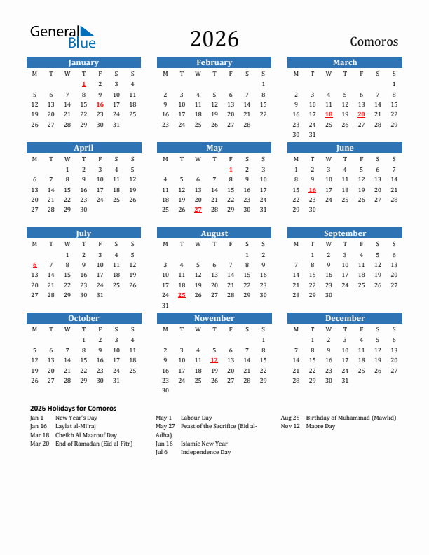 Comoros 2026 Calendar with Holidays