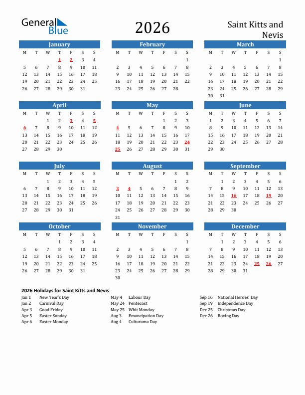 Saint Kitts and Nevis 2026 Calendar with Holidays