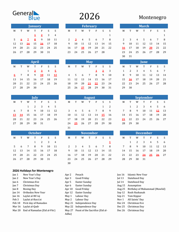 Montenegro 2026 Calendar with Holidays