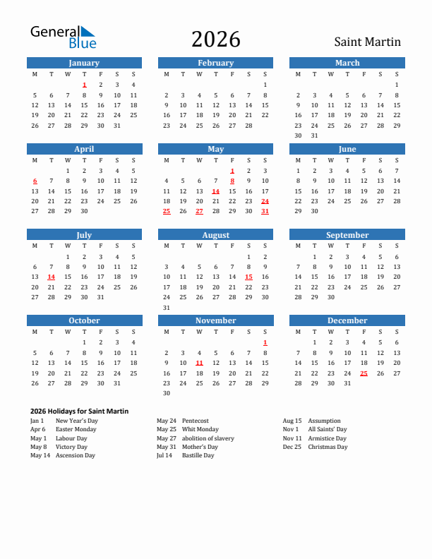 Saint Martin 2026 Calendar with Holidays