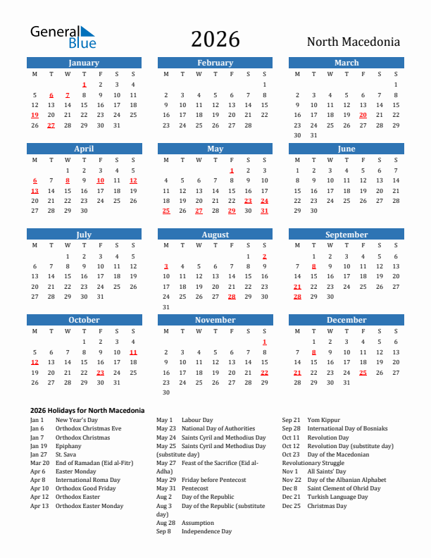 North Macedonia 2026 Calendar with Holidays