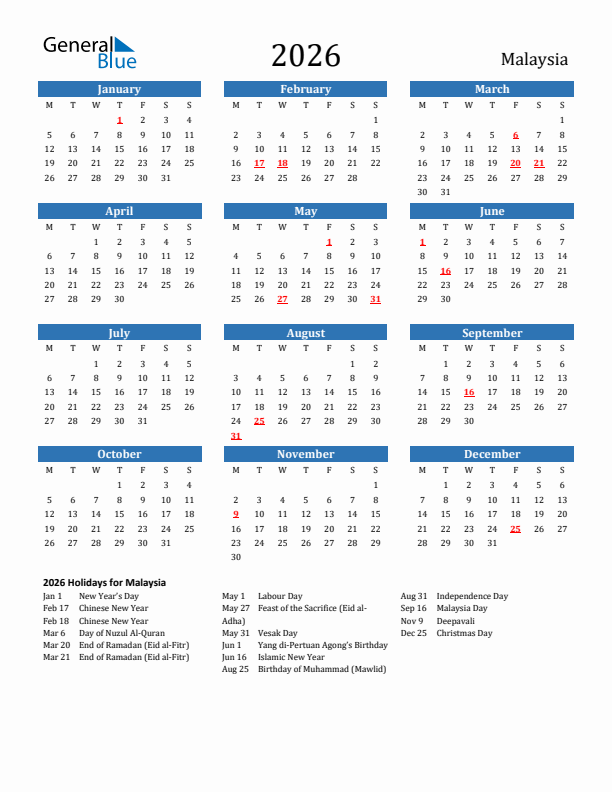 Malaysia 2026 Calendar with Holidays