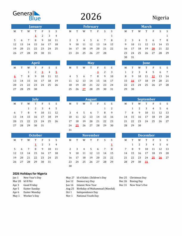 Nigeria 2026 Calendar with Holidays