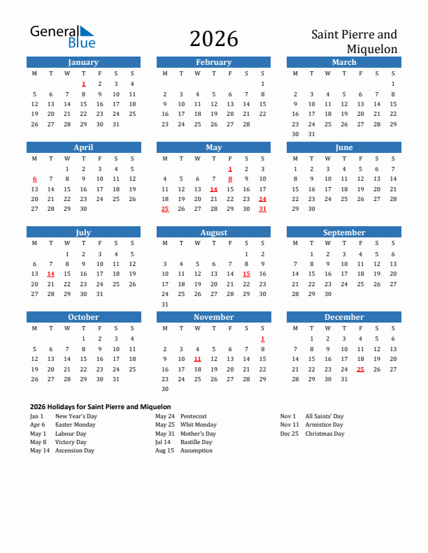 Saint Pierre and Miquelon 2026 Calendar with Holidays