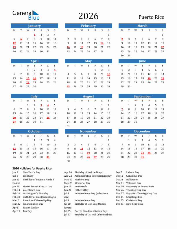 Puerto Rico 2026 Calendar with Holidays