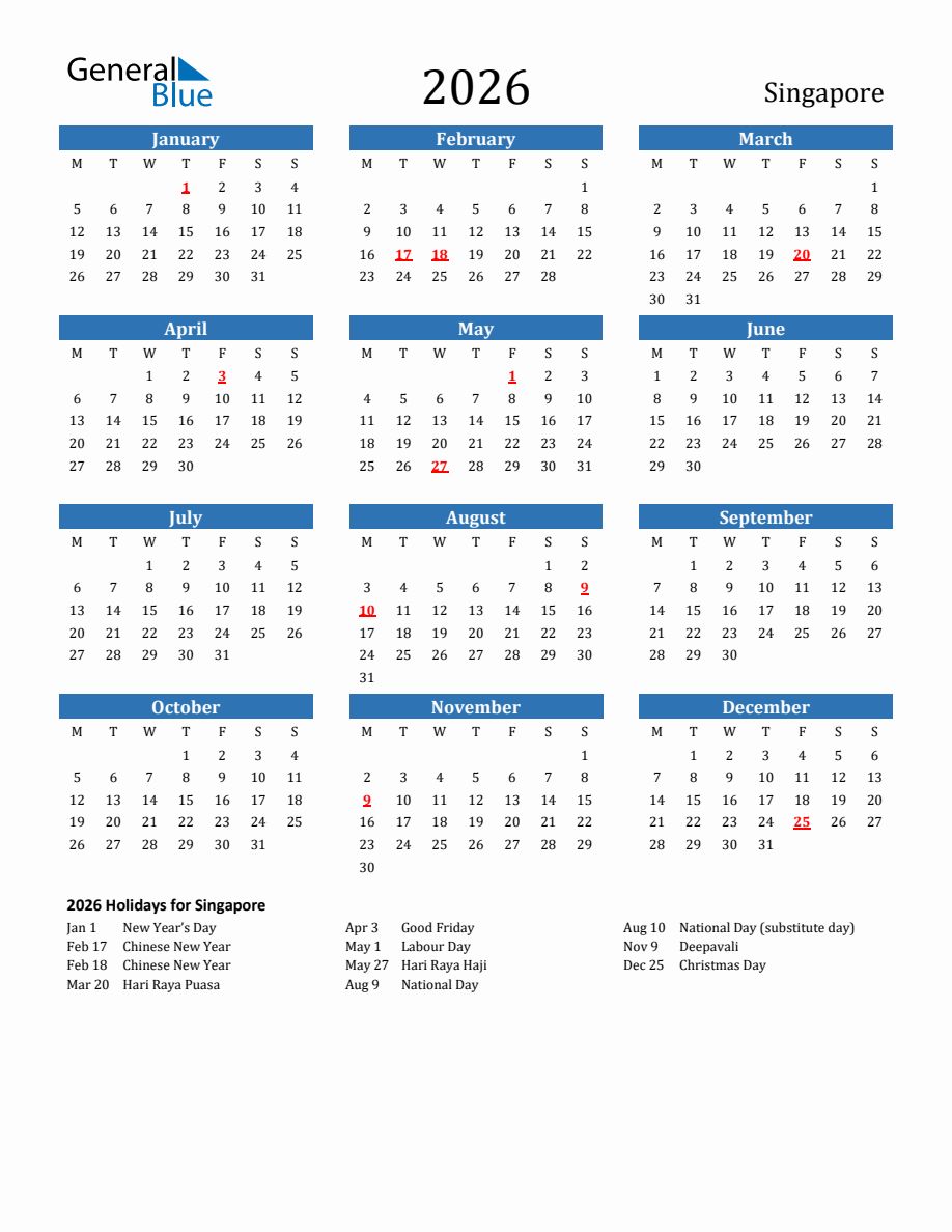 Singapore 2026 Calendar with Holidays - Monday Start