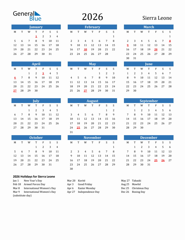 Sierra Leone 2026 Calendar with Holidays