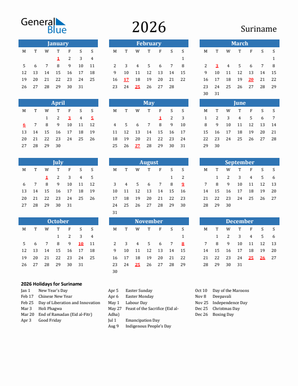 Suriname 2026 Calendar with Holidays