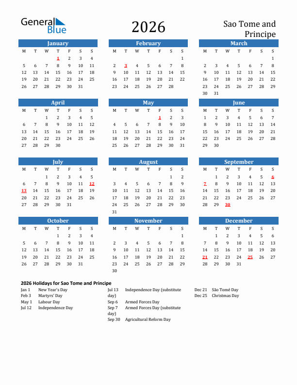 Sao Tome and Principe 2026 Calendar with Holidays