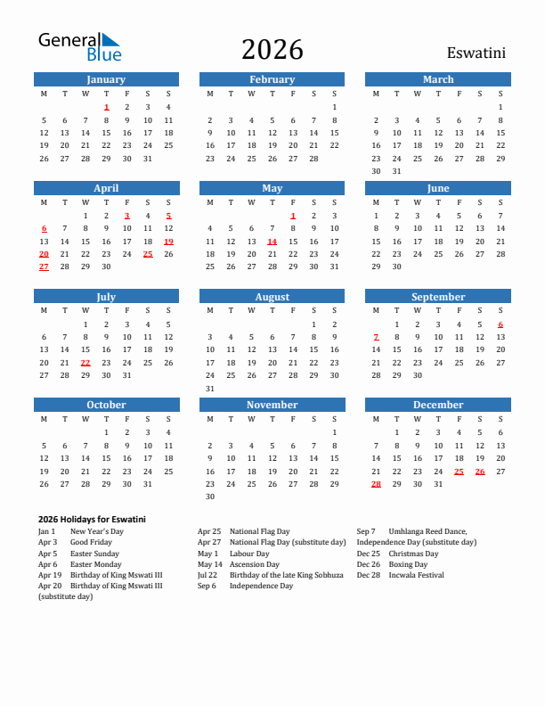 Eswatini 2026 Calendar with Holidays