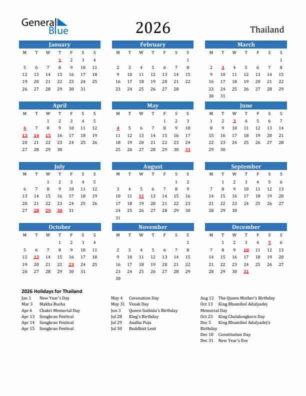 Thailand 2026 Calendar with Holidays