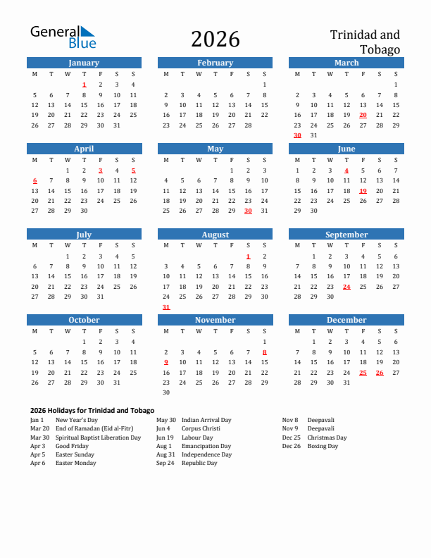 Trinidad and Tobago 2026 Calendar with Holidays