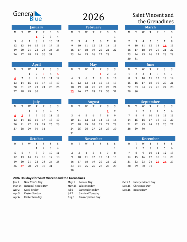 Saint Vincent and the Grenadines 2026 Calendar with Holidays