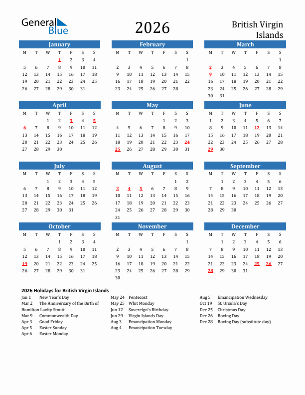 British Virgin Islands 2026 Calendar with Holidays