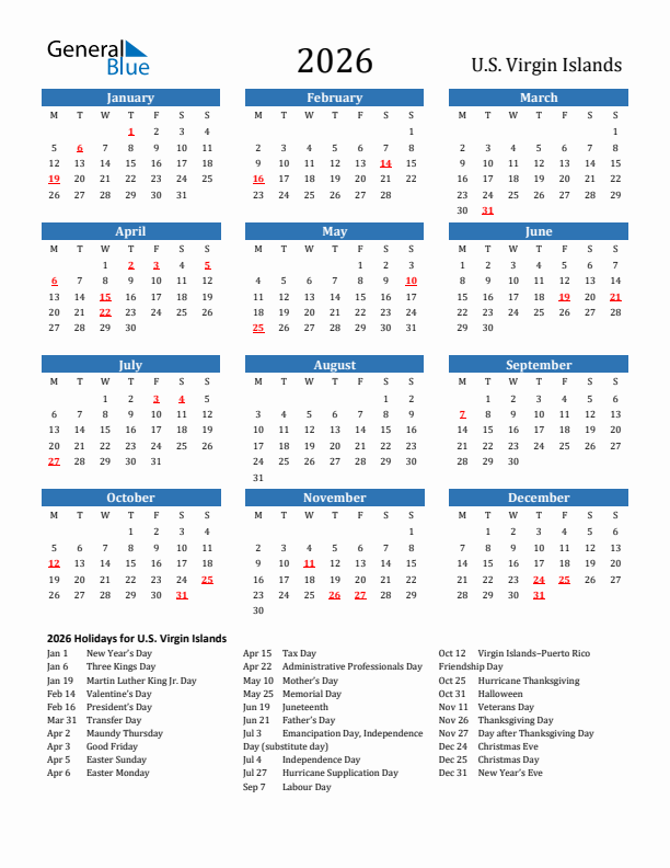 U.S. Virgin Islands 2026 Calendar with Holidays