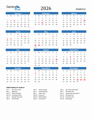 Andorra current year calendar 2026 with holidays