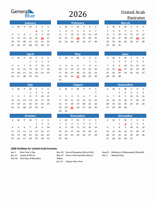United Arab Emirates current year calendar 2026 with holidays