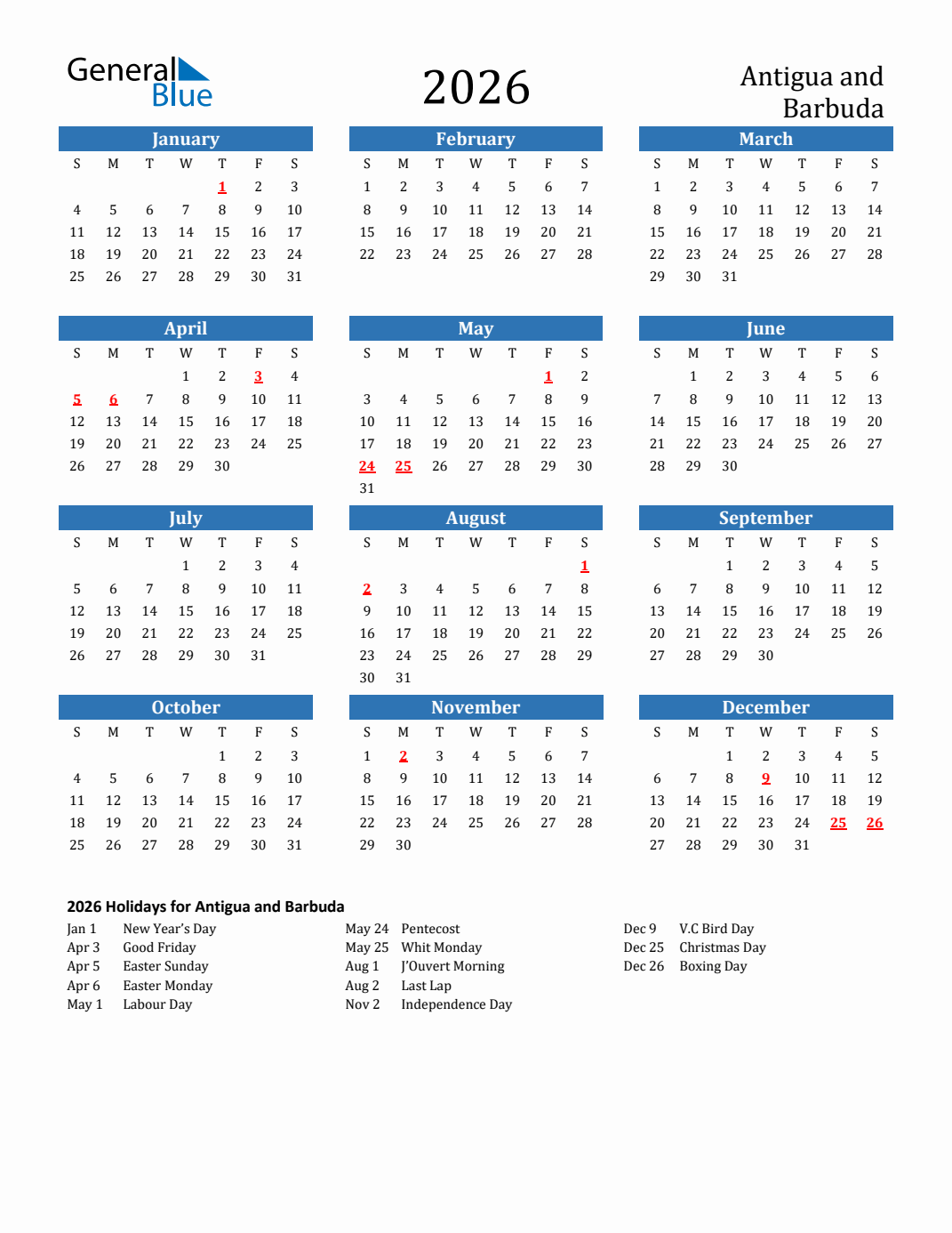 2026 Antigua and Barbuda Calendar with Holidays